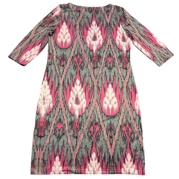 Tracy Negoshian XS Pink/Gray Ikat Print V-Neck Dress 3/4 Sleeve Stretchy - Picture 6 of 6